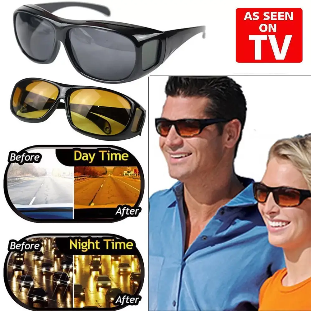 Unisex 2pcs HD Vision Wraparound Day & Night Driving Glasses HD Vision SunGlasses Set