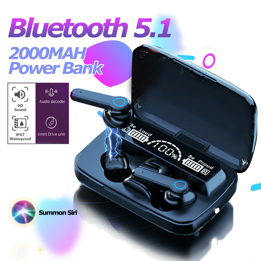 M19 TWS Wireless Earbuds with 2000mAh Power Bank & Torch 3 in 1 LED Display Bluetooth 5.1 Headset