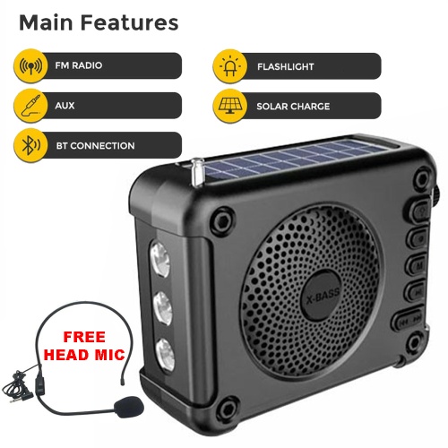 ZQS301K Solar and Rechargeable Bluetooth Speaker with Radio and Flashlight Torch Free Headset Mic