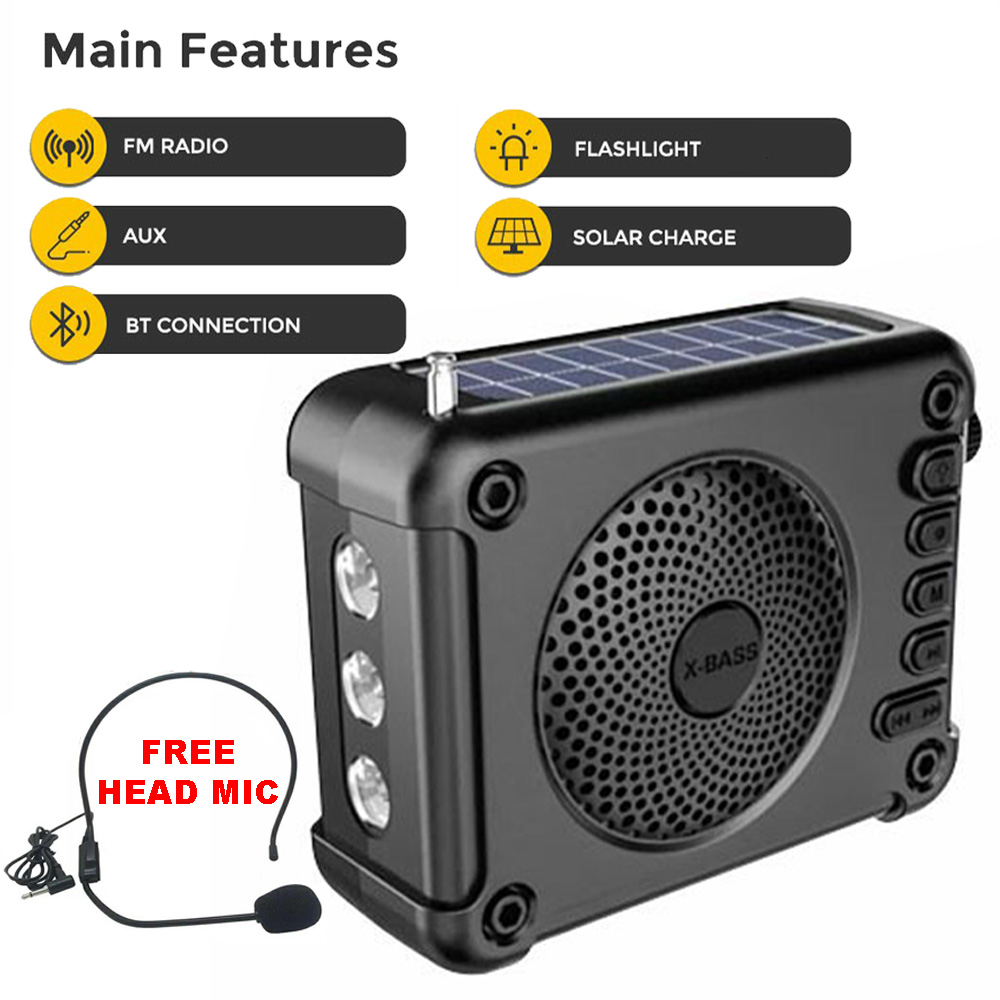 ZQS301K Solar and Rechargeable Bluetooth Speaker with Radio and Flashlight Torch Free Headset Mic