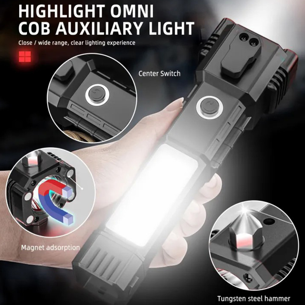 Waterproof Rechargeable Portable Torch with Work Light Spotlight Safety Hammer Glass Broken Seat Belt Cutter and Magnet