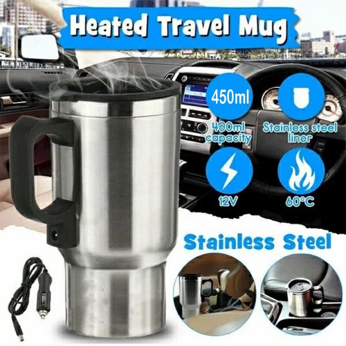 12V Car Charging Stainless Steel Heated Travel Mug Kettle 450ml Water Coffee Milk Thermal Mug Heating Cup (14)