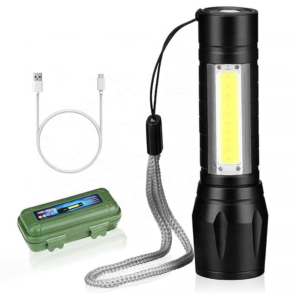 Portable Rechargeable Zoom LED Metal Flashlight with COB Light 3 Modes Waterproof Torch Light