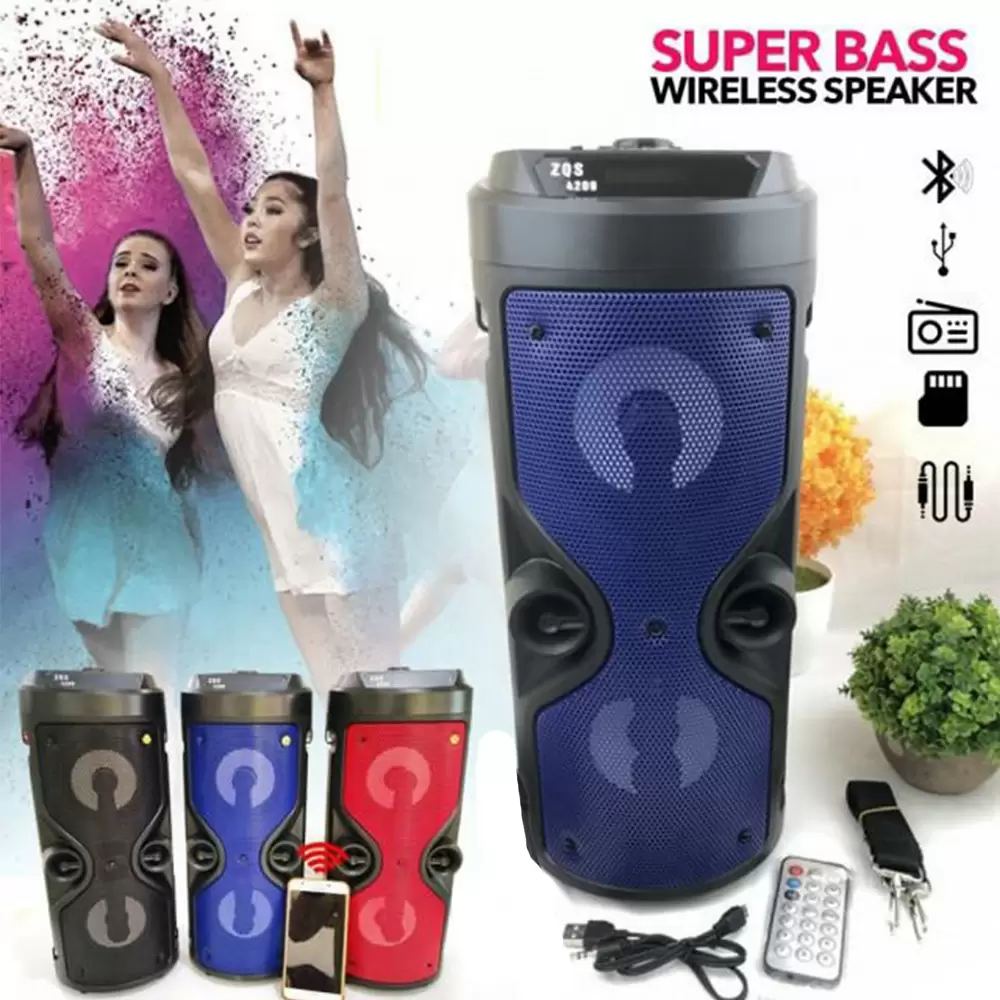 ZQS-4209 Super Bass Wireless Speaker with Remote Bluetooth Karoake Speaker with Mic Jack Fm Radio USB SD Card Slot