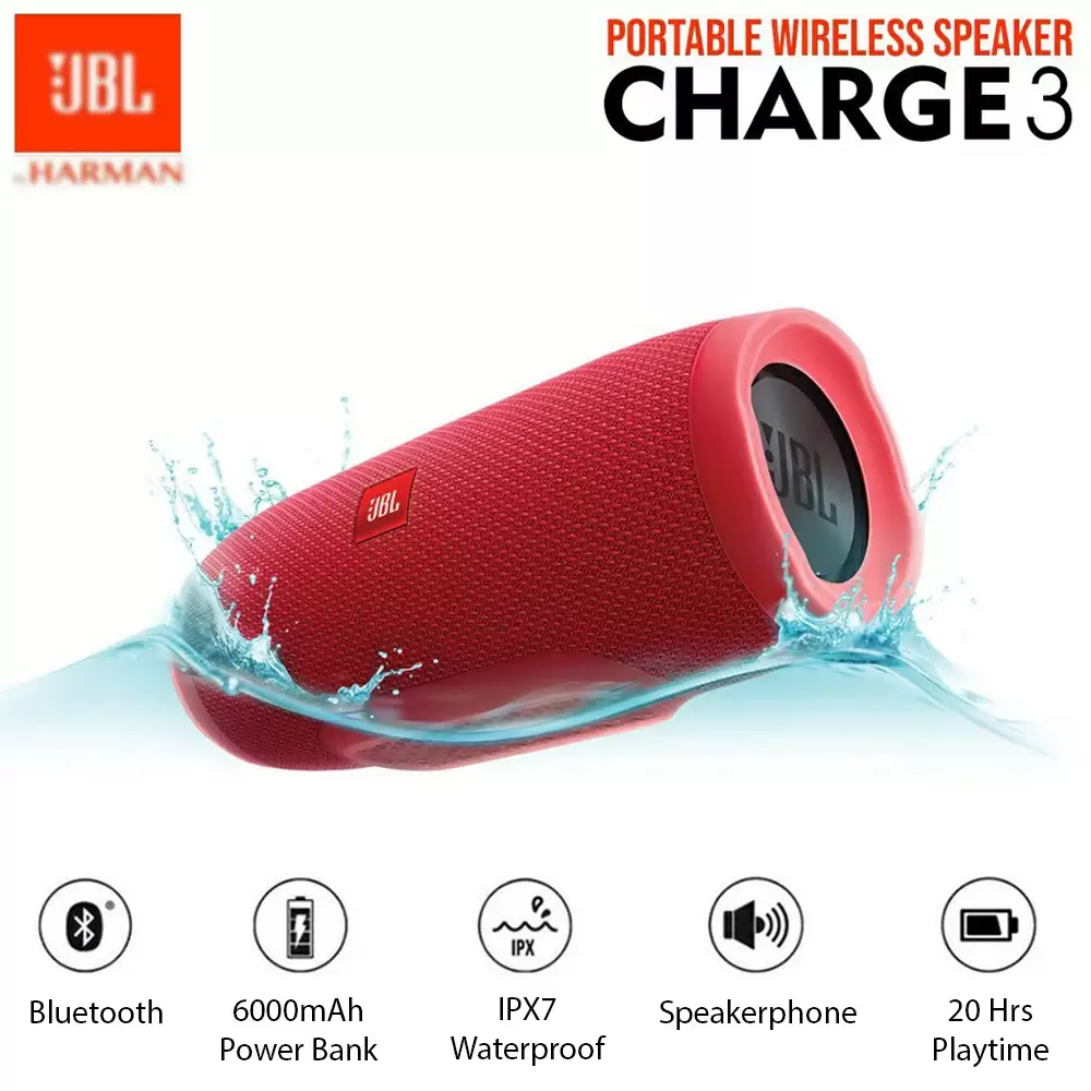 JBL Charge 3 Waterproof Portable Bluetooth Speaker with FM Radio SD Card USB Supported