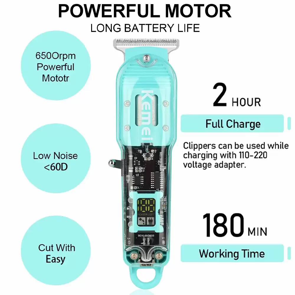 Rechargeable Professional Hair Cutting Machine Hair Clippers Cordless Trimmer Transparent Trimmer with Display (9)