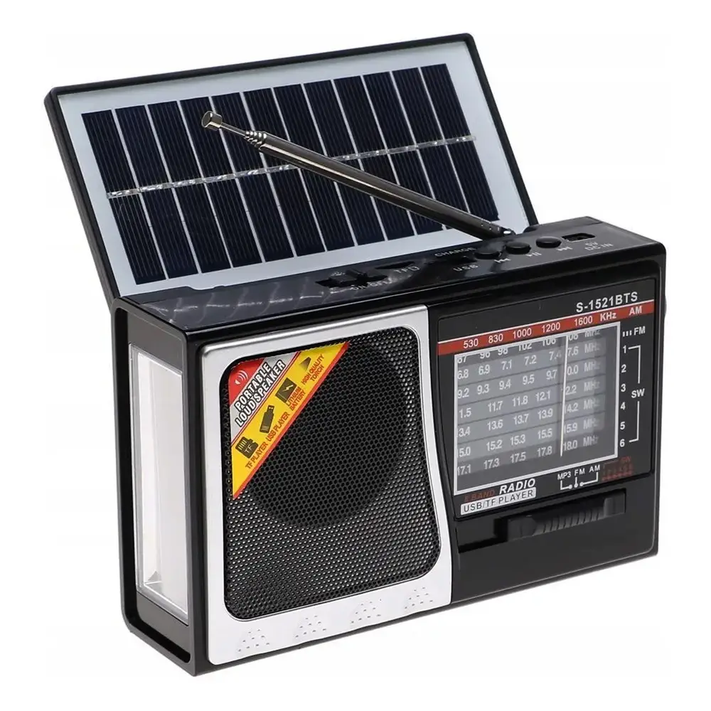 Portable Solar Rechargeable Bluetooth USB TF FM AM SW1 Radio with Flashlight (1)